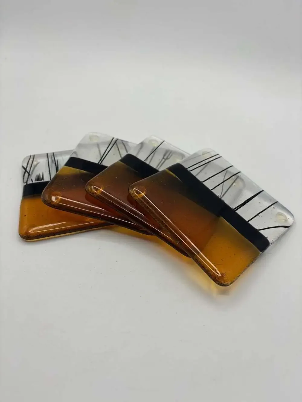Set of 4 Handcrafted Fused Art Glass Coasters with Birch Tree Motif in Amber and